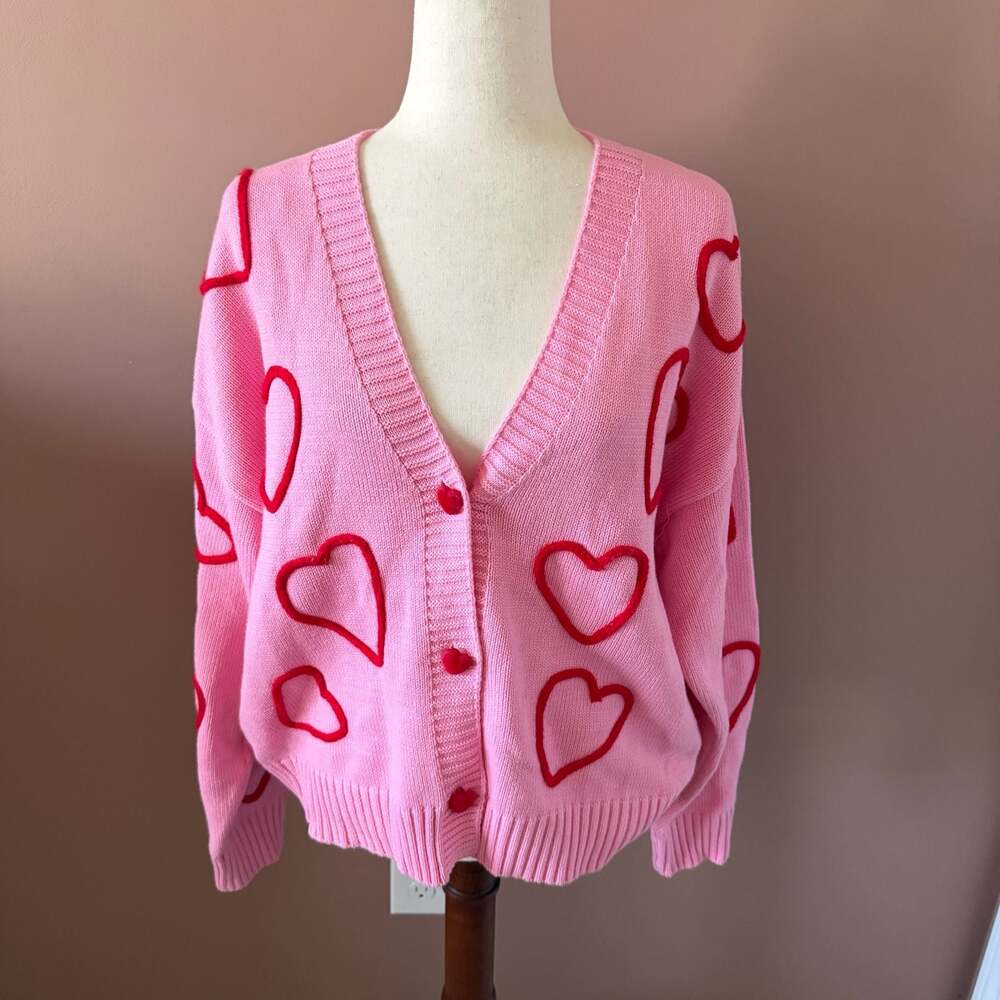 33 Degrees Pink Heart Pattern Cardigan Sweater XL
